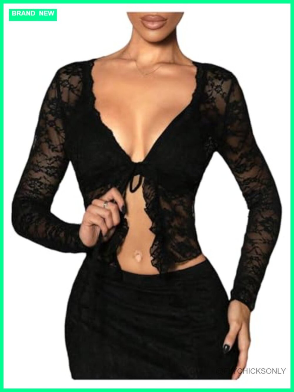 Lace Tie Front Top Ruffle Sheer Mesh Crop Blouse Long Sleeve